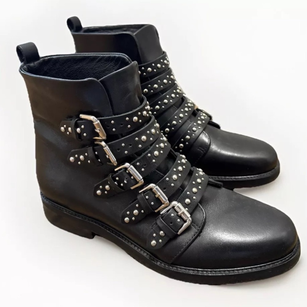 MAJE Leather Ankle Moto Rocker Biker Boots With Buckles And Studs, Size 38